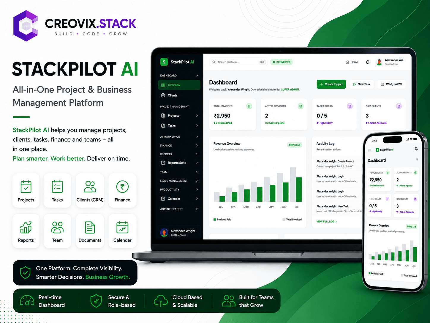 StackPilot AI enterprise project management and business operations dashboard